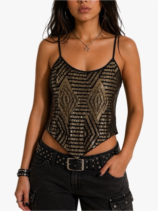 Rue21 Tops - Y2K Rue21 Women’s Size Medium Black Gold Sequin Handkerchief Cami Crop Tank